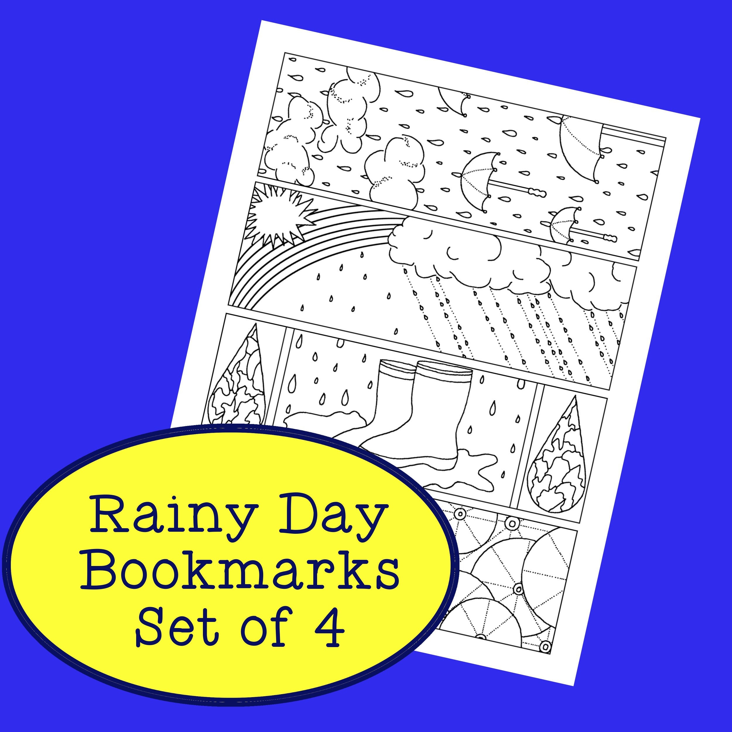 Rainy day bookmarks pdf printable coloring page rain clouds umbrellas april shower adult coloring