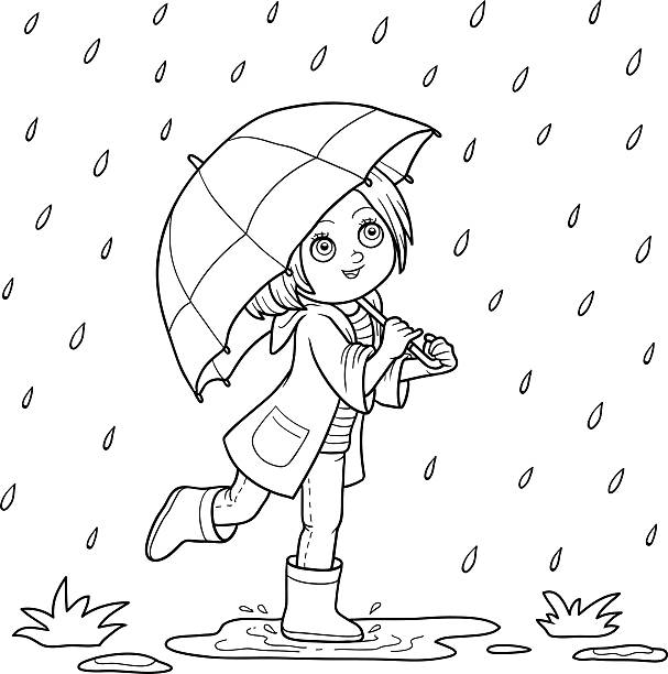 Coloring book girl running with an umbrella in the rain stock illustration