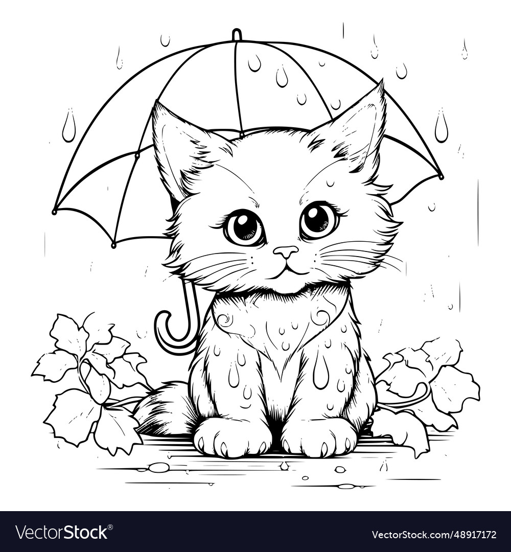 Cat in rainy day coloring page for kids royalty free vector