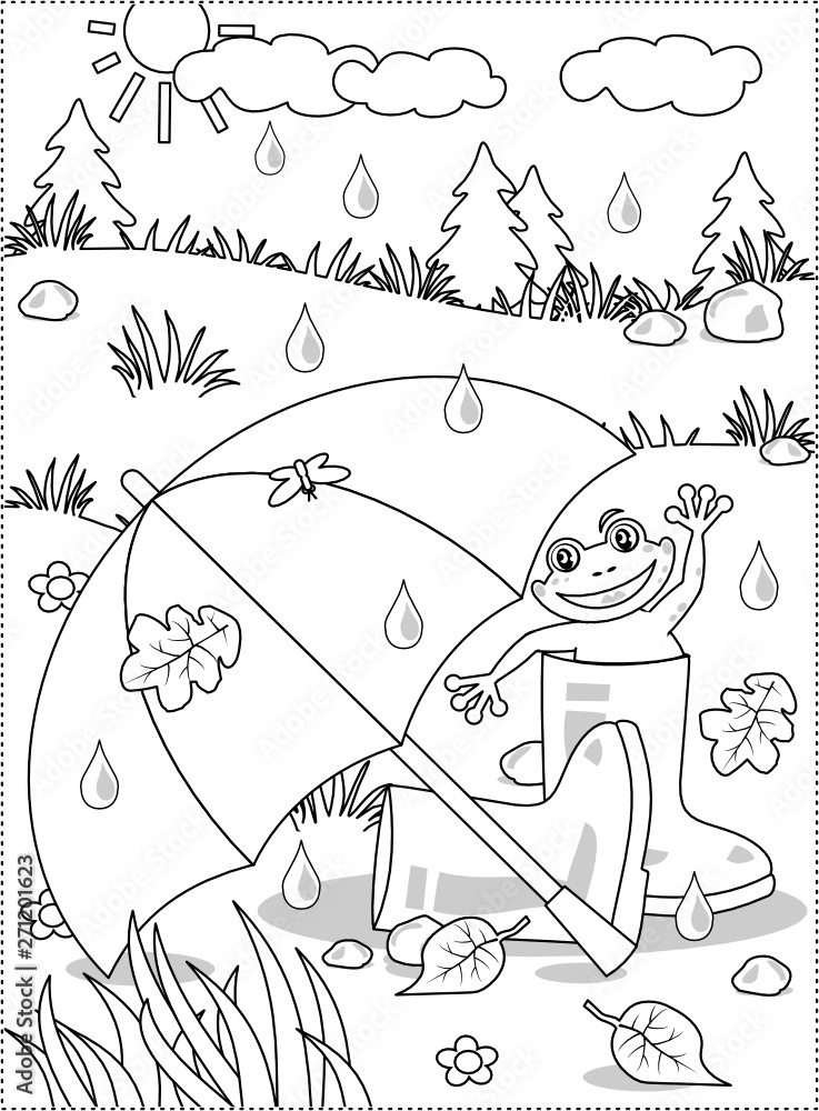 Rainy autumn or summer day fun coloring page with umbrella gumboots and happy frog vector