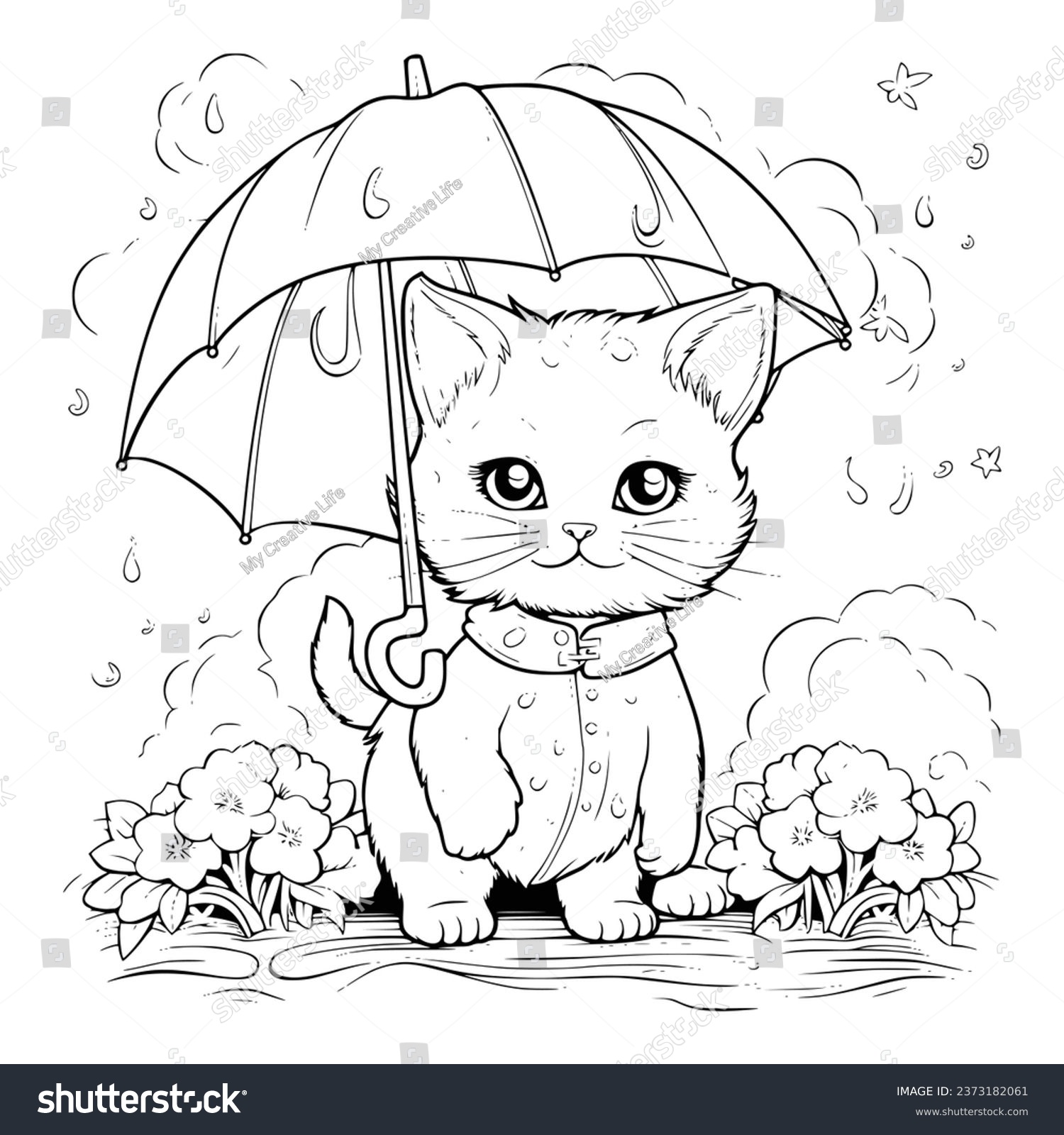 Cat rainy day coloring page kids stock vector royalty free