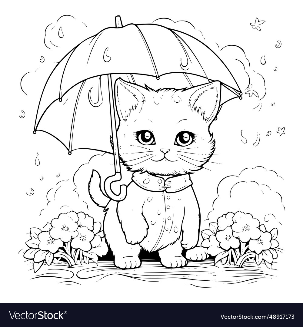 Cat in rainy day coloring page for kids royalty free vector