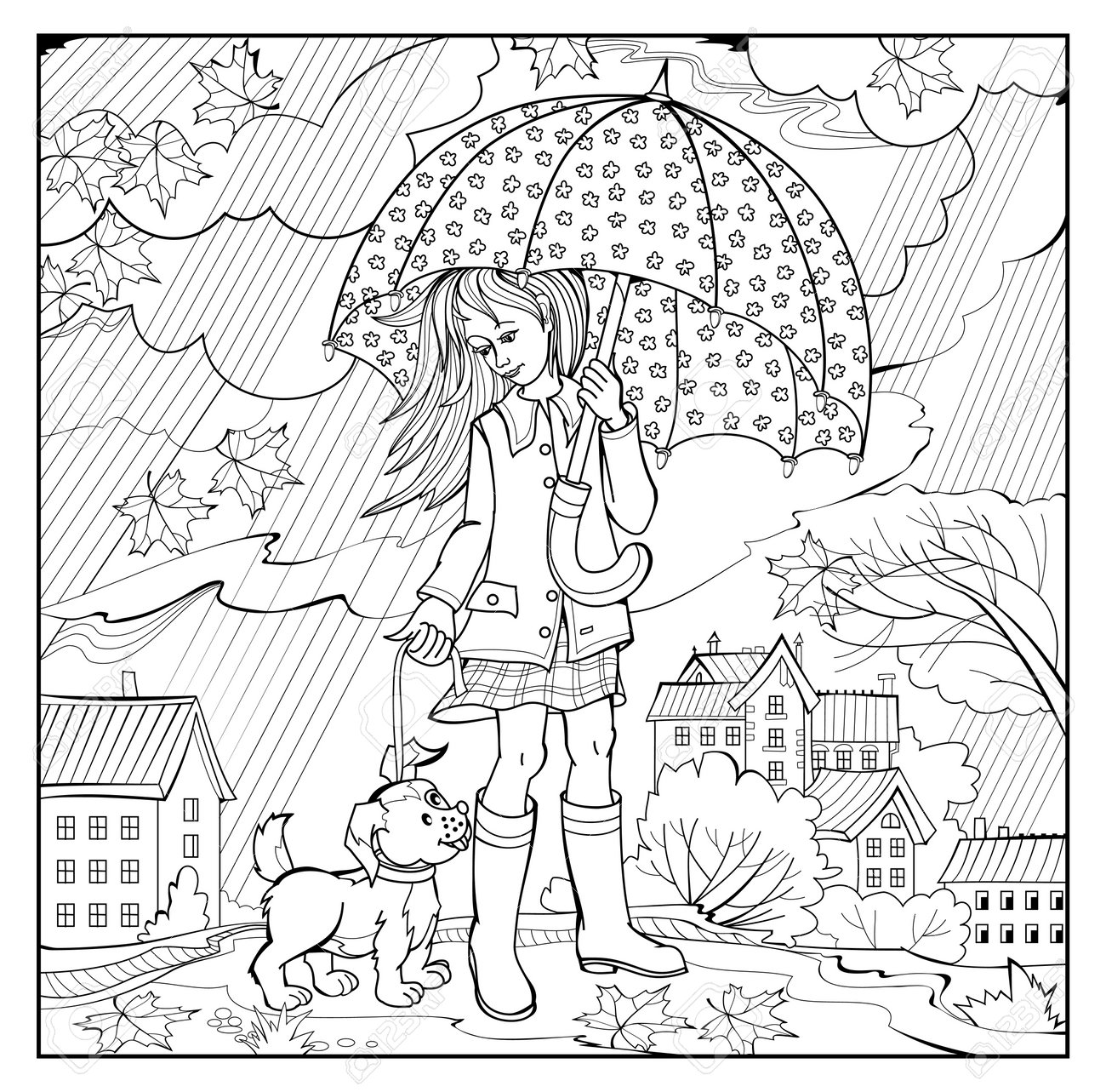 Coloring book for children and adults rainy weather caring girl walks with dog under umbrella black and white vector illustration style image printable page for drawing and meditation royalty free svg cliparts