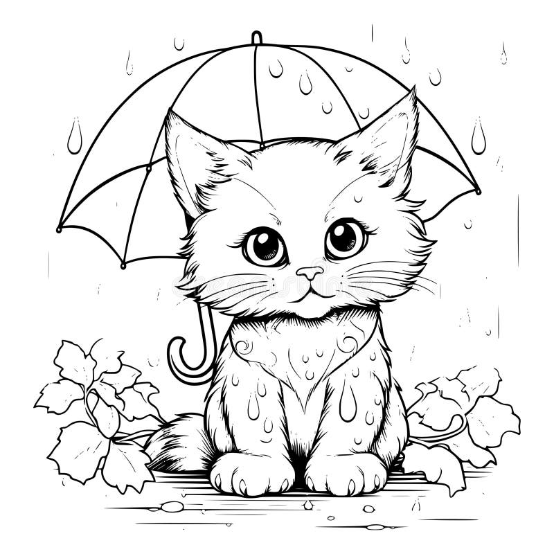 Cat in rainy day coloring page for kids stock vector