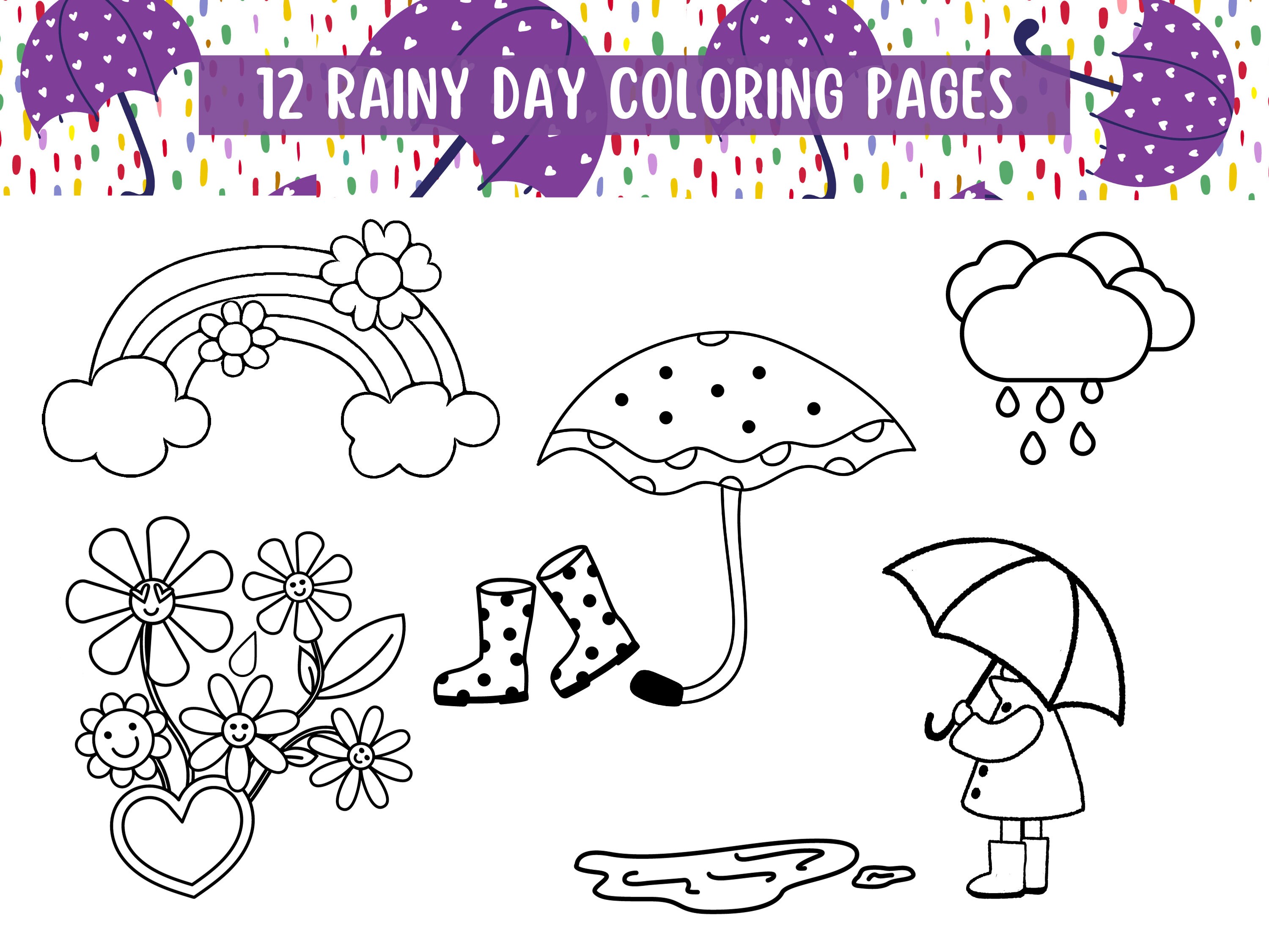 Rainy day coloring pages for girls and boys cute printable color sheets kids coloring fun easy color pages instant download instant download