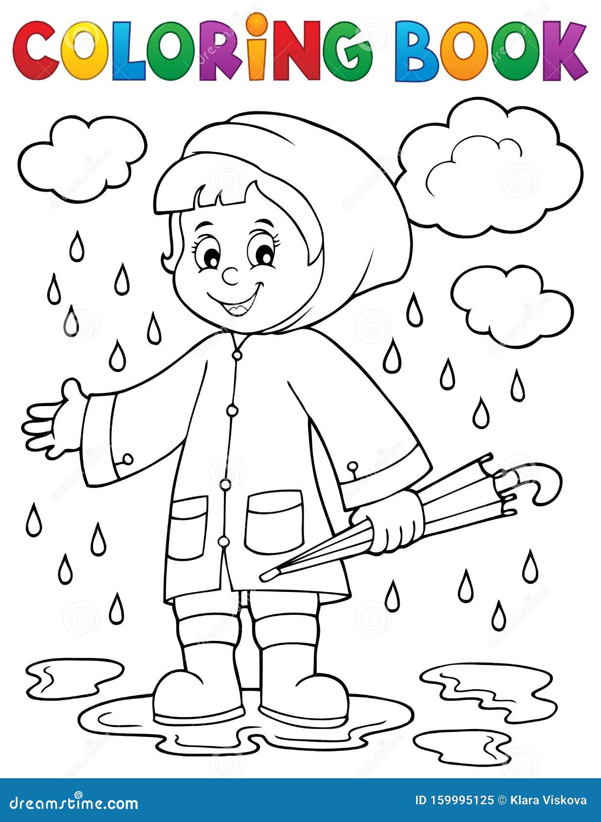Coloring book girl in rainy weather stock vector