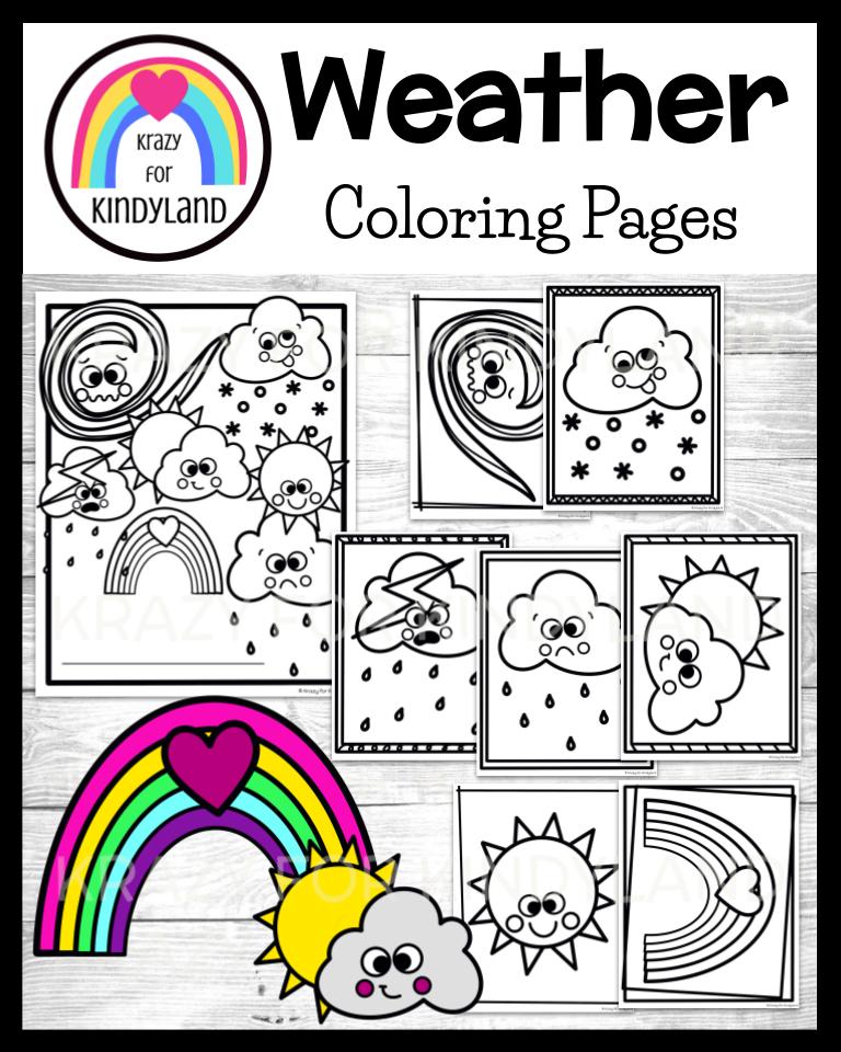 Weather coloring pages booklet sun storm rain wind partly cloudy rainbow