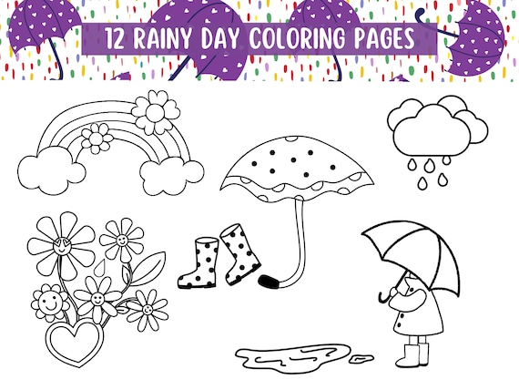 Rainy day coloring pages for girls and boys cute printable color sheets kids coloring fun easy color pages instant download instant download