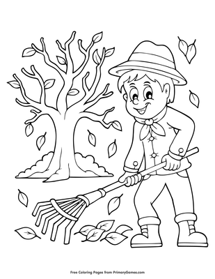 Boy raking leaves coloring page â free printable pdf from