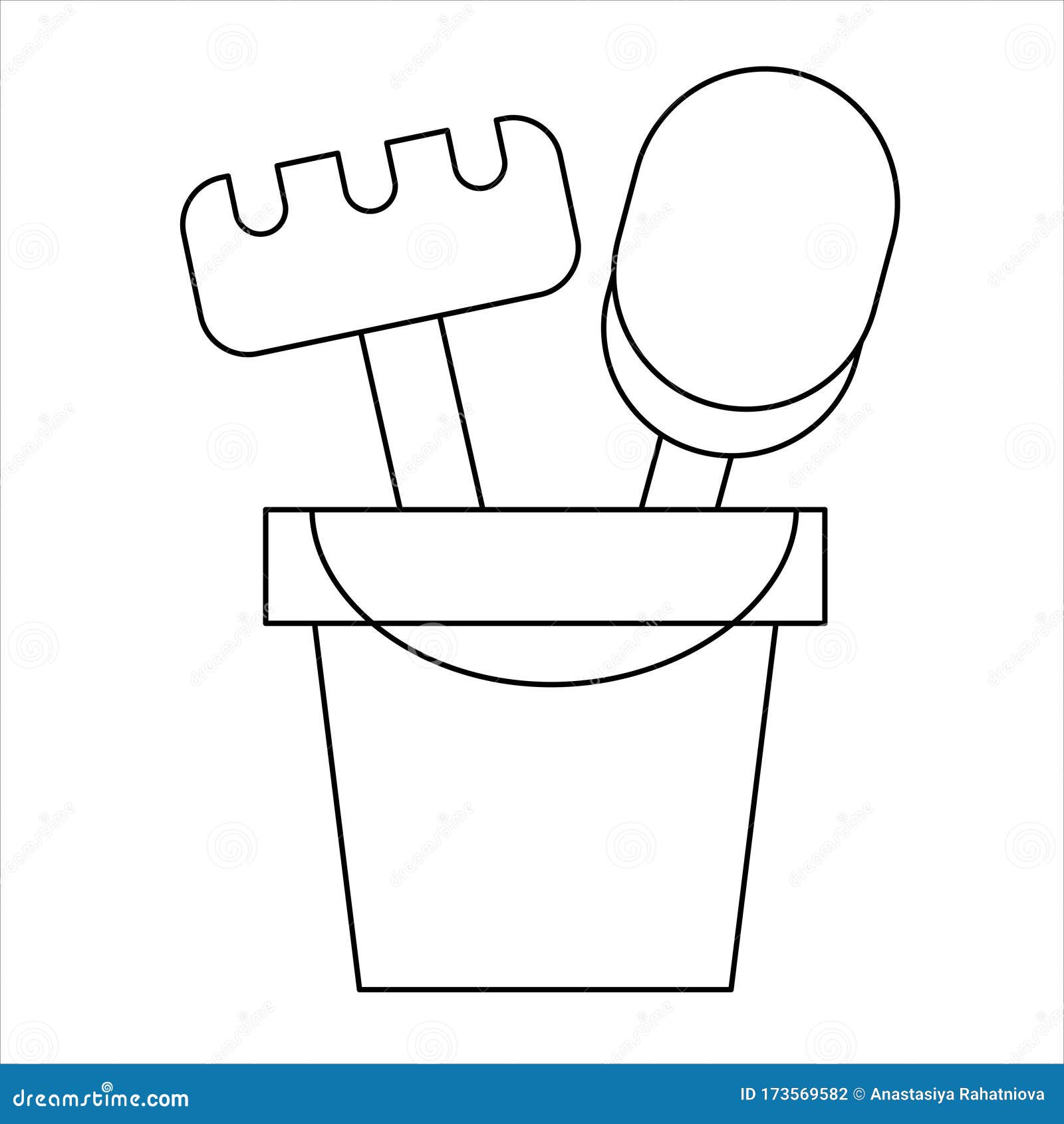Coloring page outline of shovel and rake in a bucket toy vector illustration stock vector