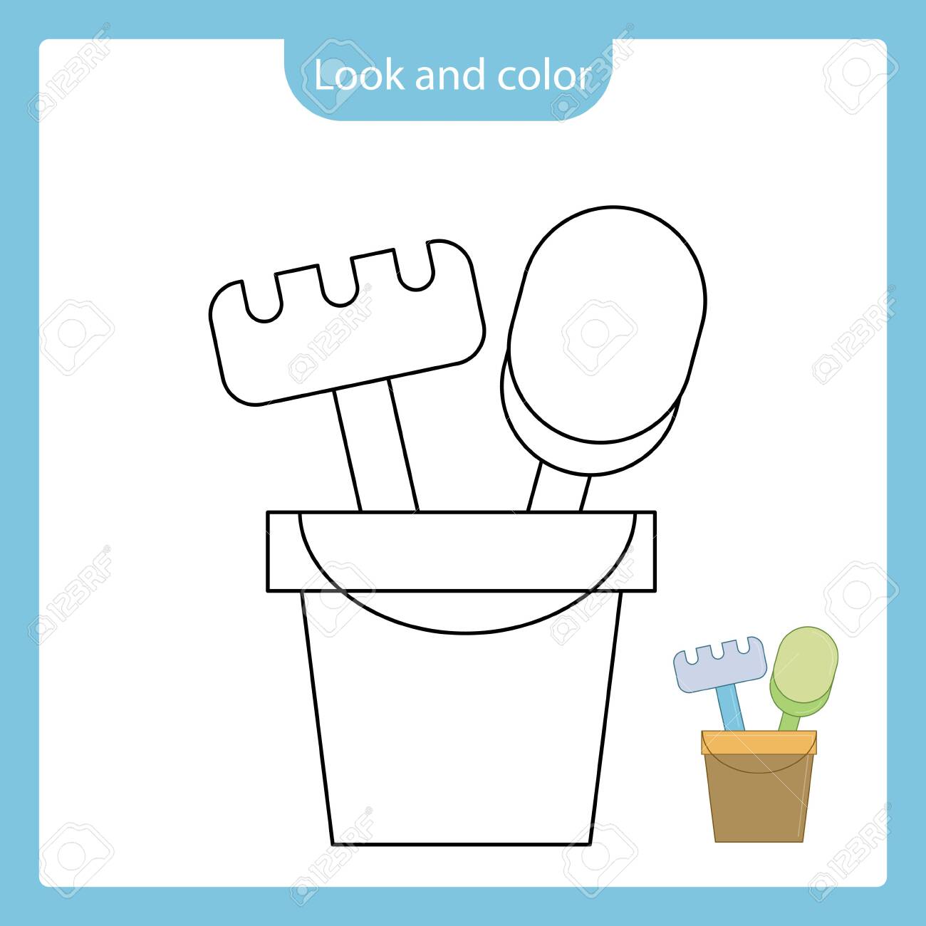 Look and color coloring page outline of shovel and rake in a bucket toy with example simple shapes vector illustration coloring book for kids royalty free svg cliparts vectors and stock illustration
