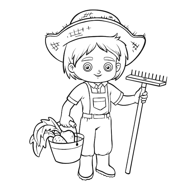Premium vector coloring book for children farmer boy with rake and bucket