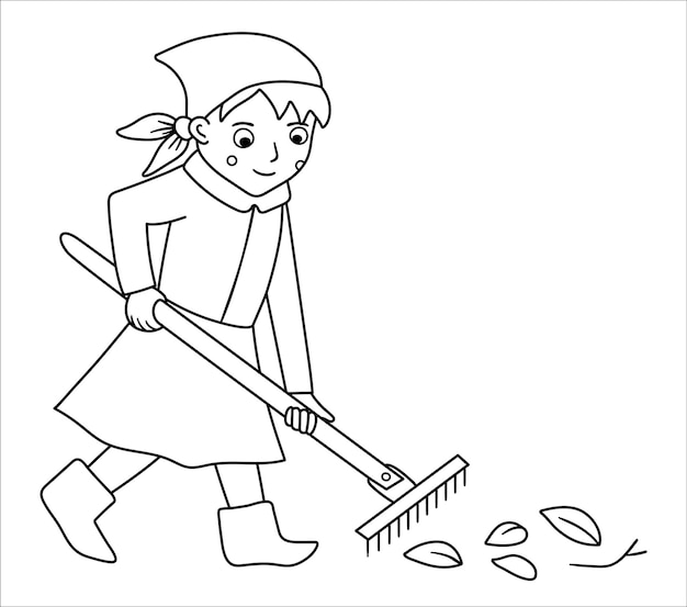Premium vector vector black and white girl raking leaves with rakes illustration cute outline kid doing garden work spring line gardening activity picture or coloring page xa