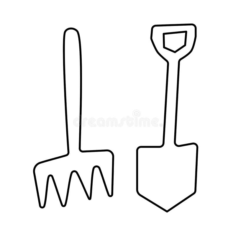 Shovel and rake garden hand tools black outline doodle vector isolated on white background contour line art drawing stock vector
