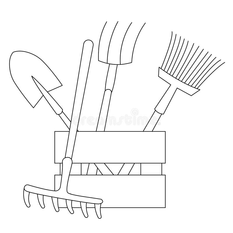A set of tools for the garden and garden in a box shovel rake pitchfork broom stock illustration