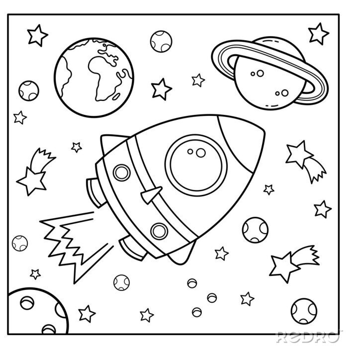 Obraz coloring page outline of a cartoon rocket in space coloring na wymiar â rakieta miejsce kosmos â