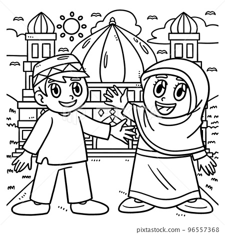 Ramadan happy muslim kids coloring page for kids