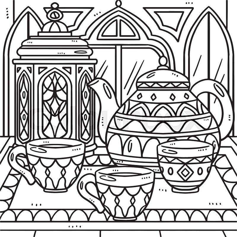 Ramadan lantern and tea set coloring page for kids stock vector