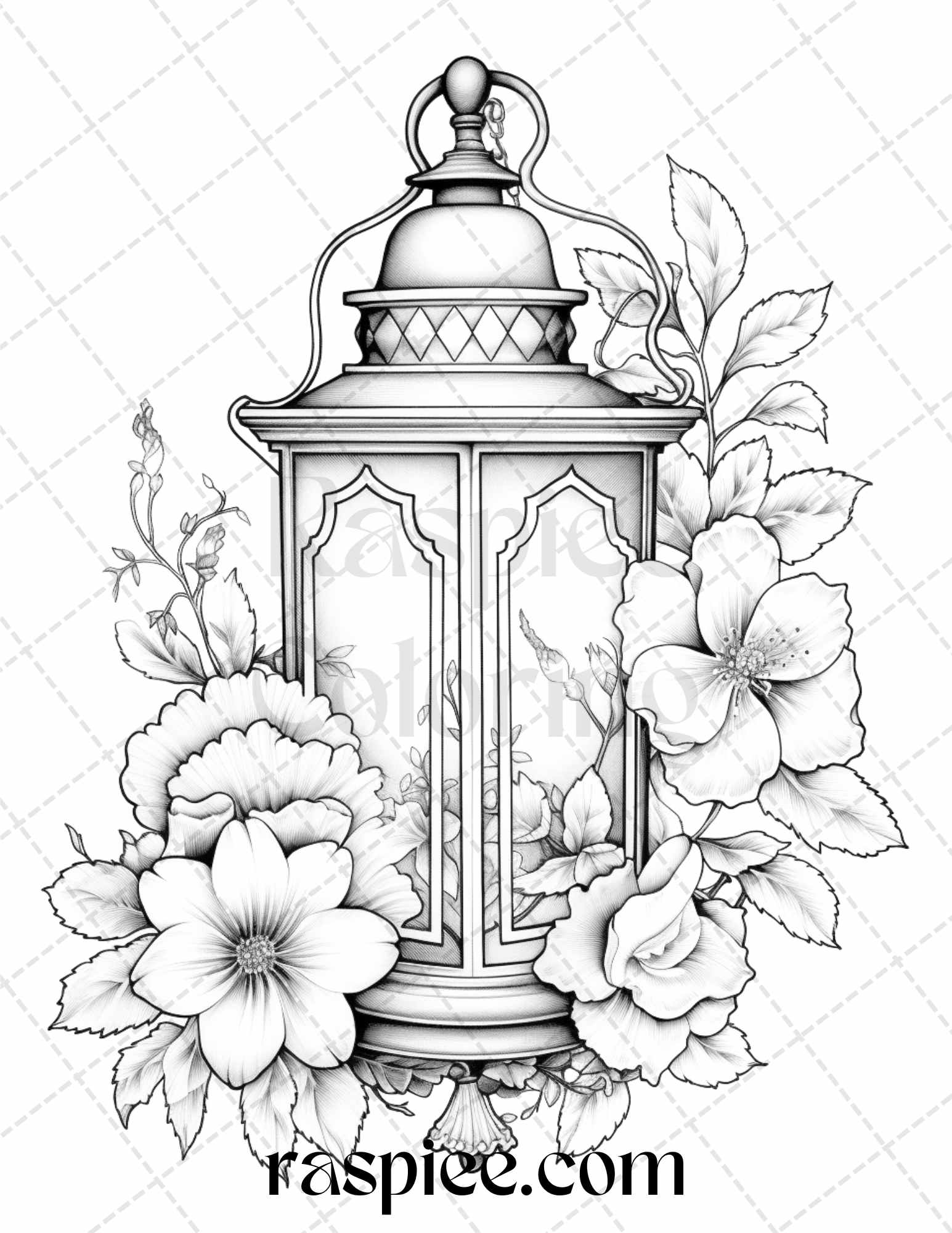 Vintage lantern flower grayscale coloring pages printable for adult â coloring