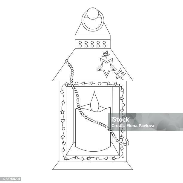 Coloring page festive lantern with a candle inside and beads isolated on white background stock illustration