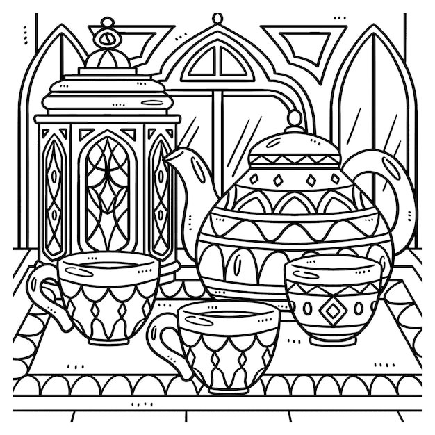 Premium vector ramadan lantern and tea set coloring page for kids