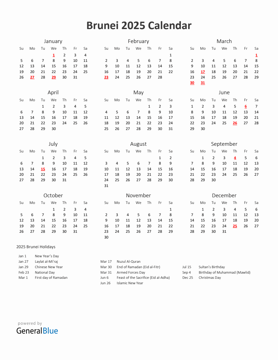 Yearly calendar printable with brunei holidays