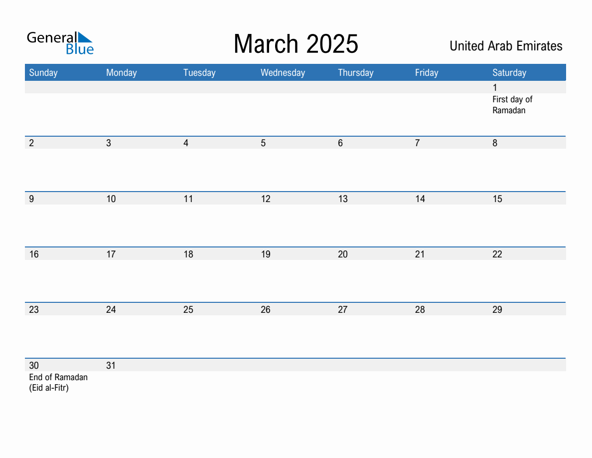 March monthly calendar with united arab emirates holidays