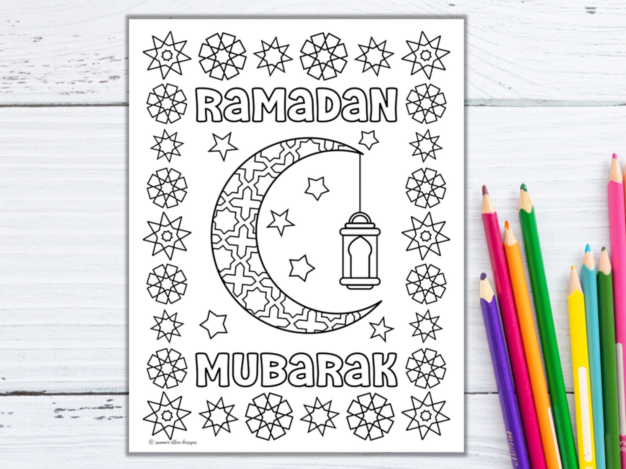 Ramadan mubarak coloring page with moon lantern and islamic geometric designs ramadan printable for kids adults pdf instant download