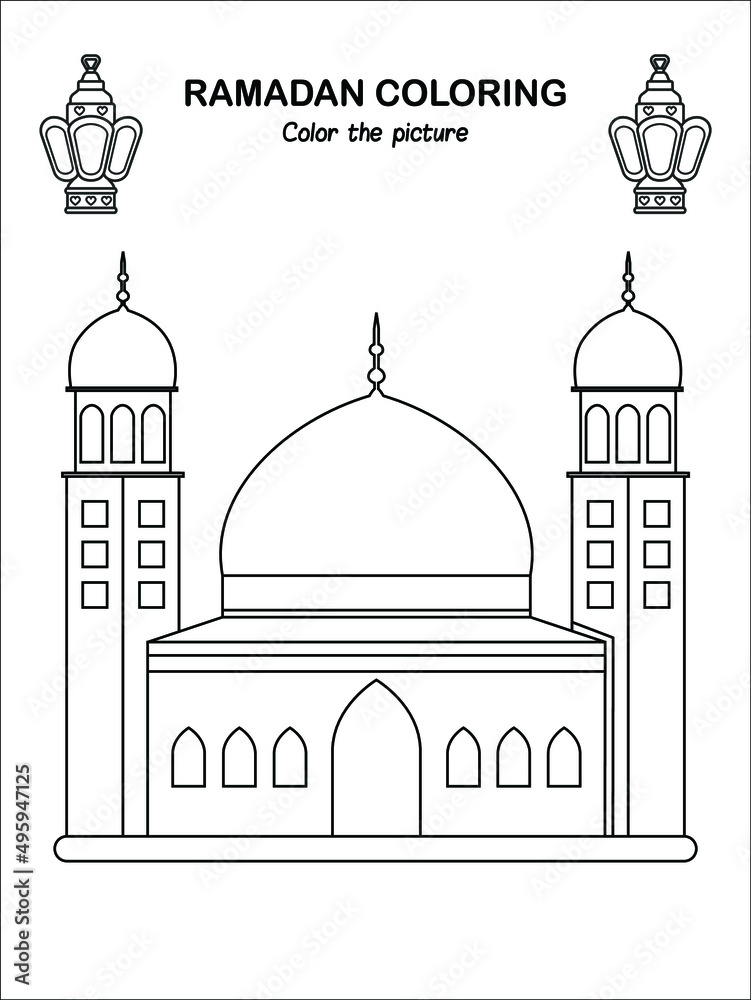 Printable islamic mosque ramadan children coloring book page ramadan worksheet for kids ramadan kareem sketch outline black and white kids education vector illustration vector