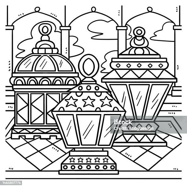 Ramadan lantern coloring page for kids stock illustration