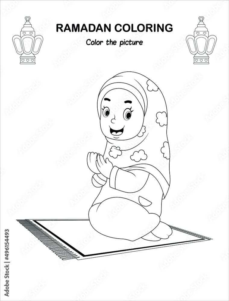 A muslim girl in hijab cartoon ramadan children coloring book pages islamic month ramadan worksheet sketch outline black and white pages kids education vector illustration vector