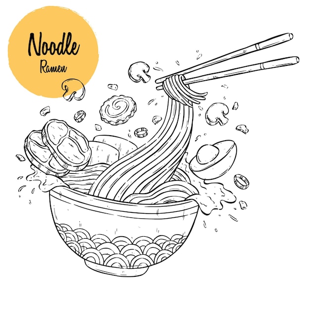 Premium vector tasty japanese noodle or ramen sketch flying from a bowl with chopsticks japanese noodle