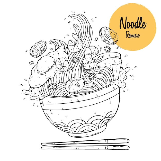 Premium vector asian food noodle sketch flying from a bowl with chopsticks japanese noodle vector sketch