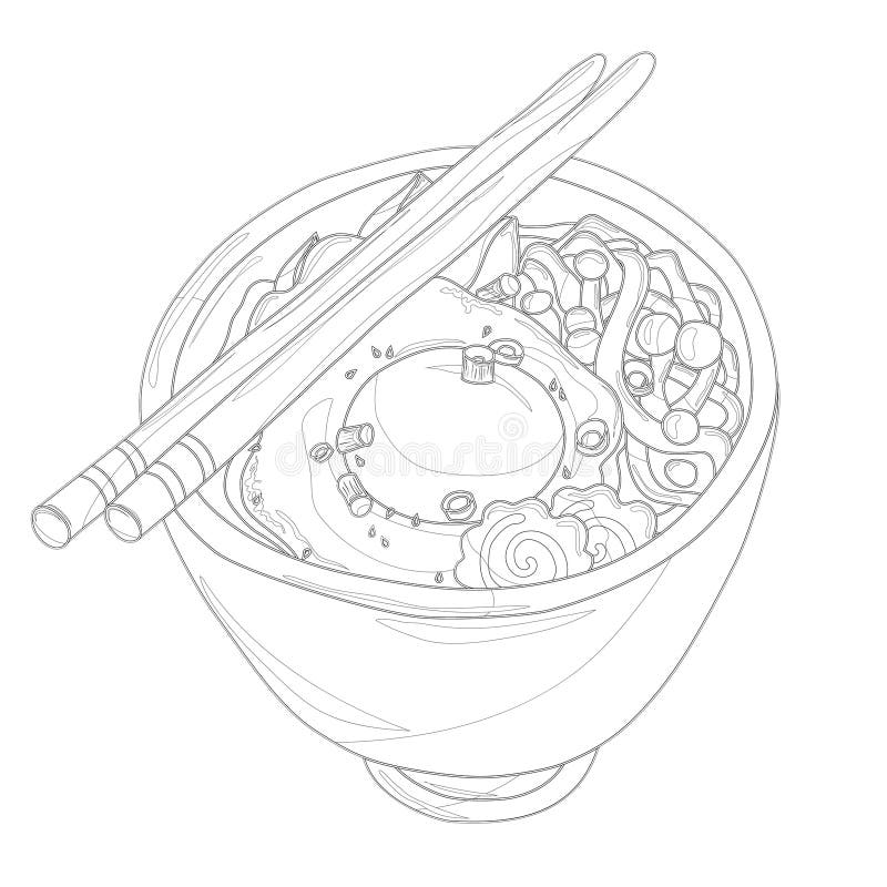 Ramen bowl with egg and fish cakes coloring page stock vector