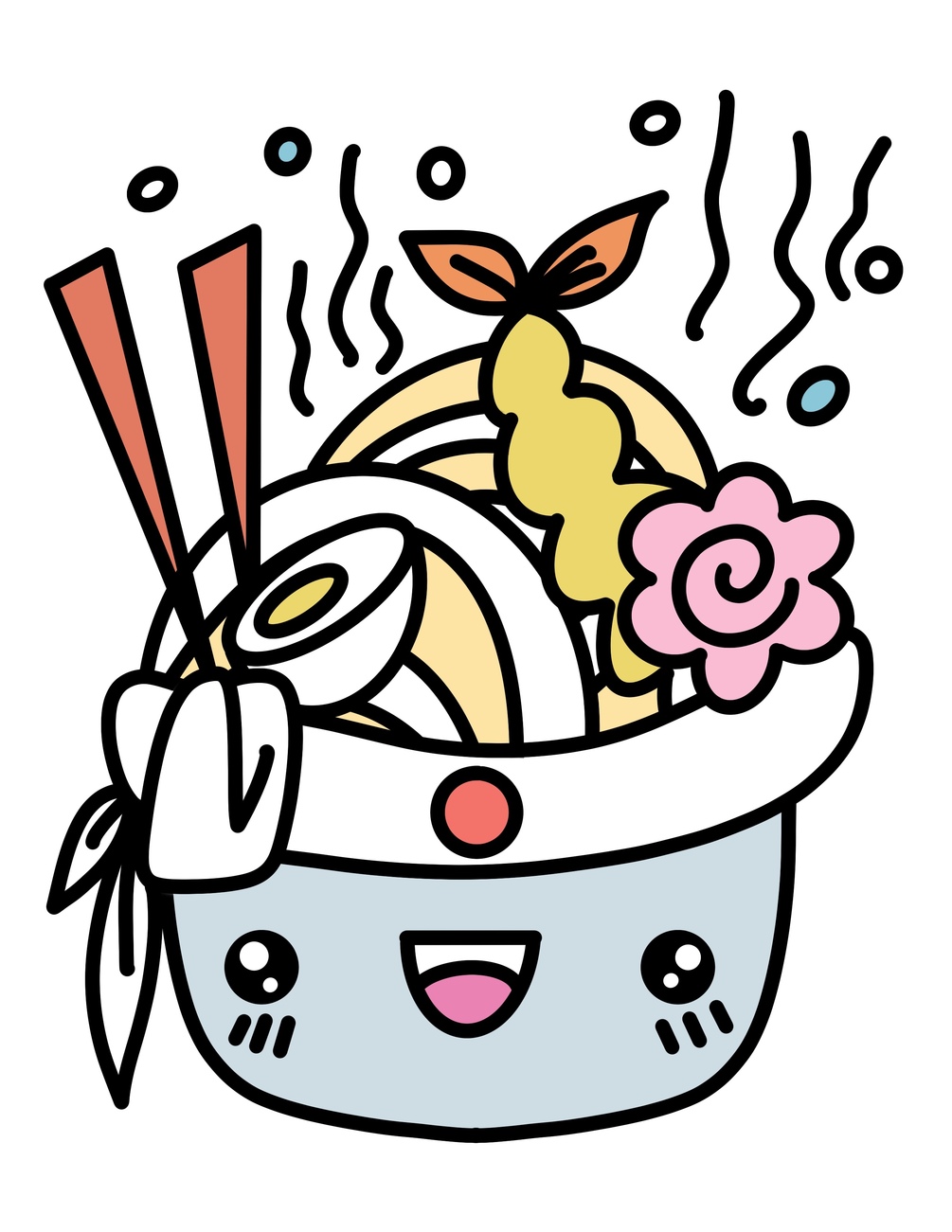 Printable kawaii ramen bowl coloring page black white