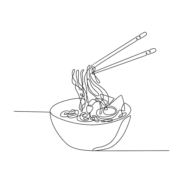 Premium vector continuous line drawing of ramen noodle soup dish served with bowl and chopsticks vector