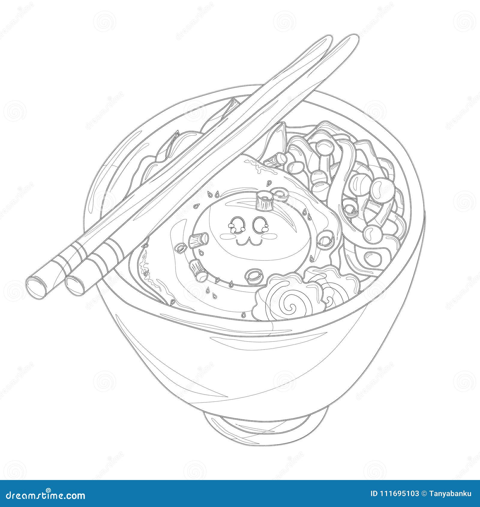 Ramen bowl with egg with cute face and fish cakes in black and white stock vector