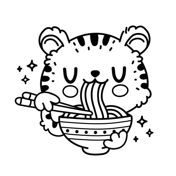 Cute funny tiger eat noodles from bowl vector cartoon kawaii character illustration isolated on white background asian food concept isolated outline cartoon illustration for coloring book stock illustration