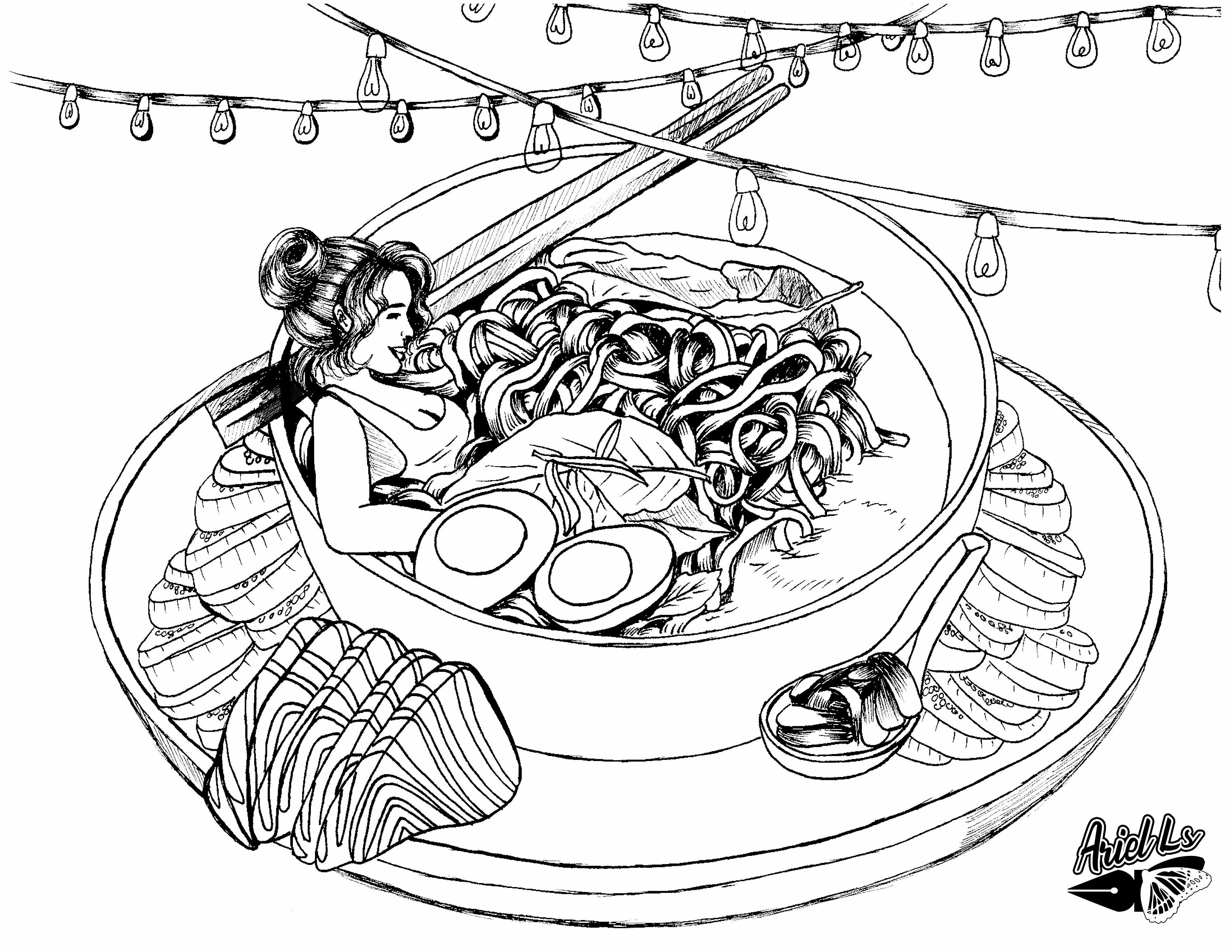 Ramen noodle bath adult coloring page