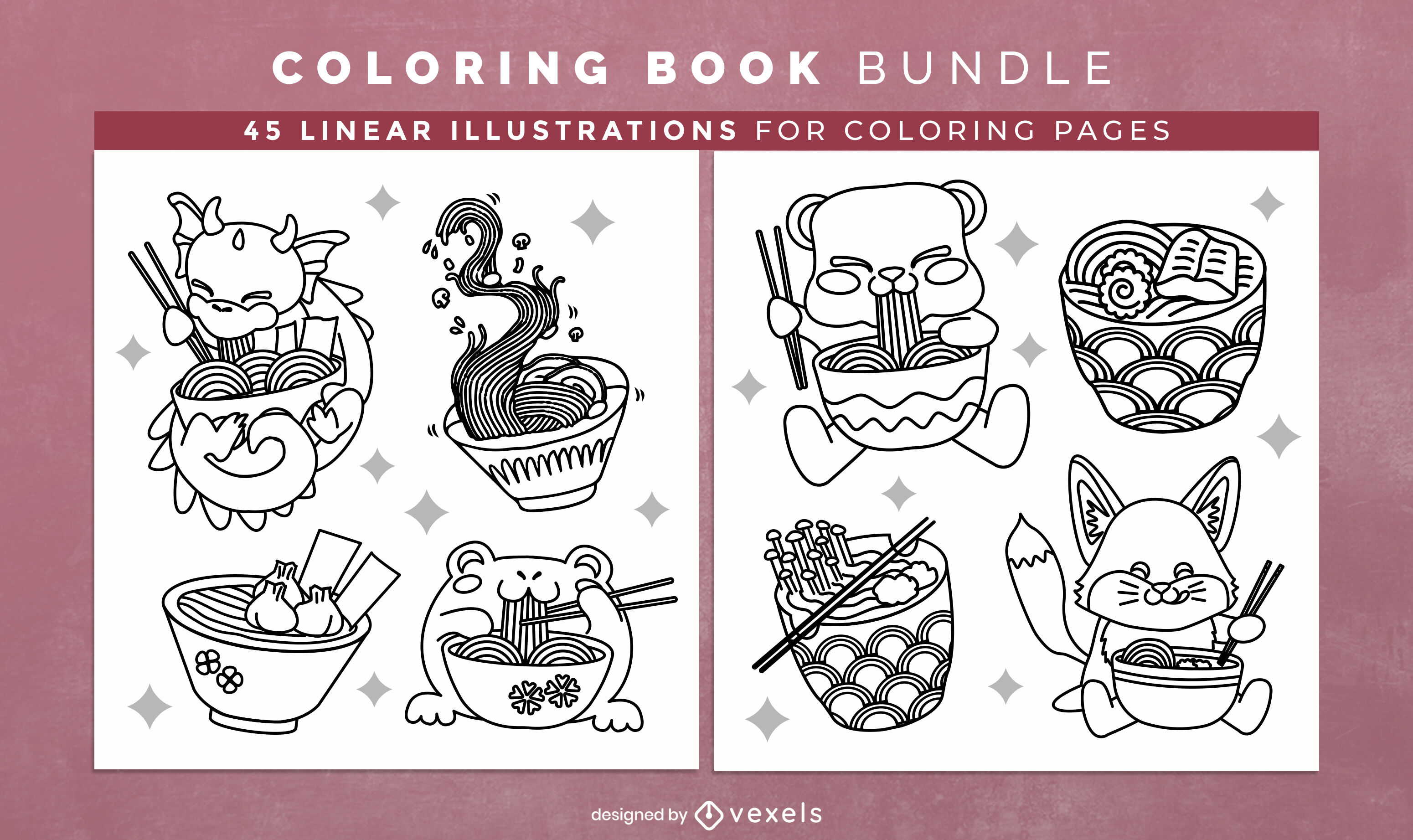 Ramen animals coloring book design pages vector download