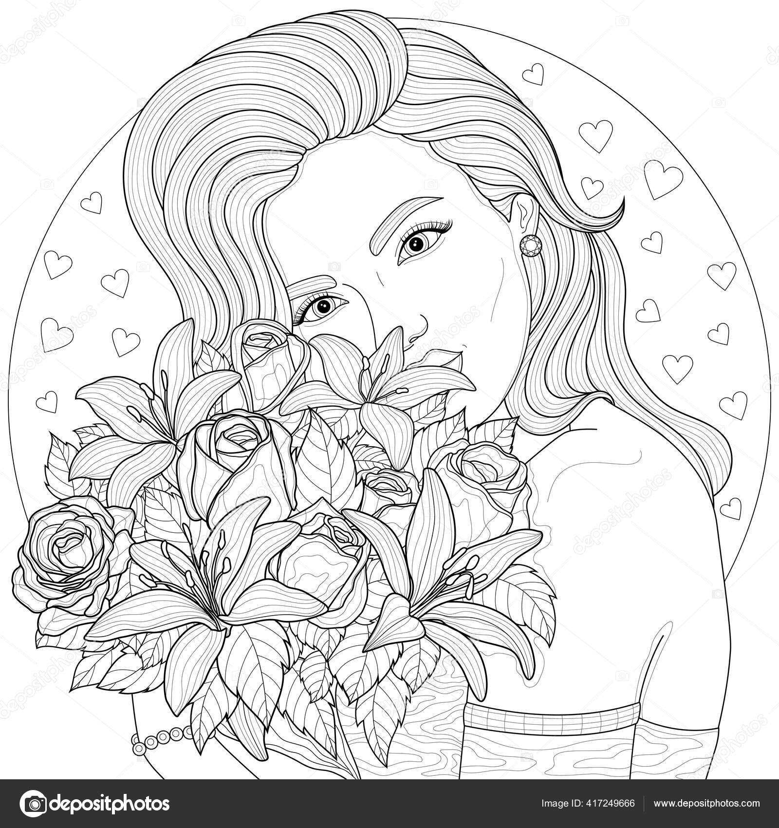 Girl holding bouquet flowers coloring book antistress children adults illustration stock vector by vlasenkoekaterinkagmail