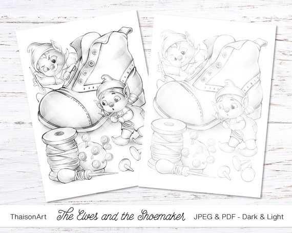 The elves and the shoemaker cute grayscale coloring pages for adults and kids printable coloring pages pdf jpg fairy tale boy and girl