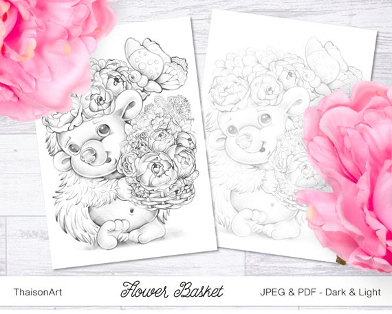 Flower basket grayscale coloring page printable cute coloring book page animal hedgehog butterfly peonies bouquet pdf instant download