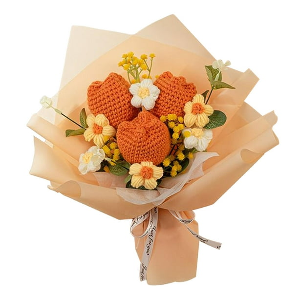 Crochet flower bouquet knitted flowers with eulyptus artificial flowers for mothers day girlfriend festival birthday orange