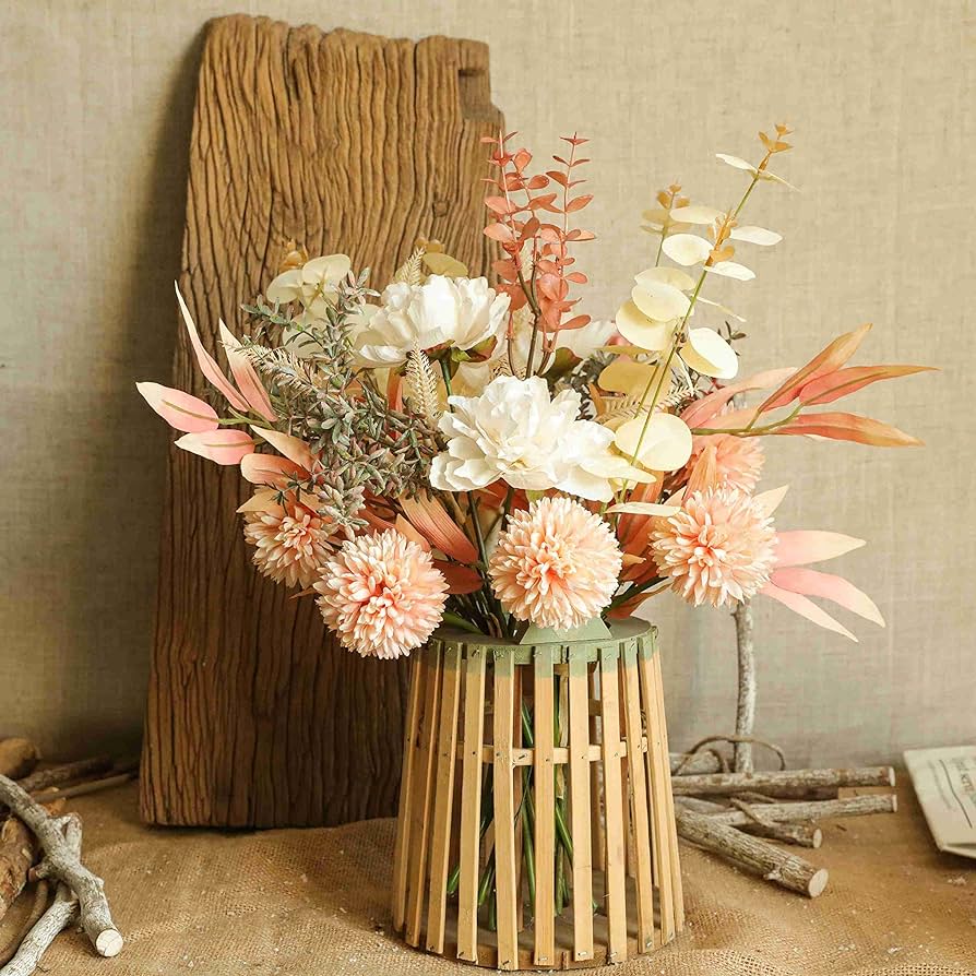 Packs artificial faux flowers plant silk fall flower arrangement boho style bouquets floral rustic decoration table centerpieces for home kitchen romantic elegant neutral champagne color home kitchen