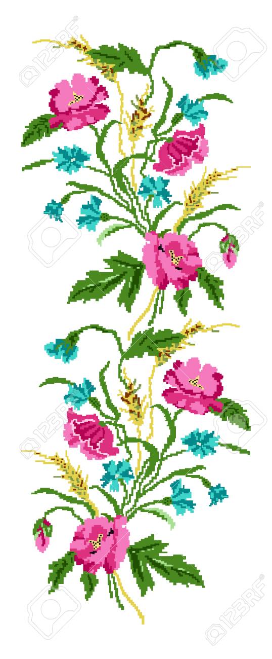 Color bouquet of flowers poppiesears of wheat and cornflowers ukrainian embroidery elements hand made border pattern can be used as pixel