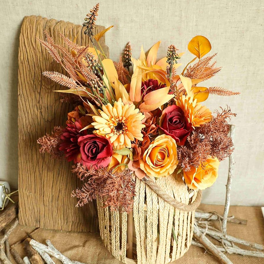 Ausbender packs artificial faux flowers plant silk fall flower arrangement boho style bouquets floral rustic decoration table centerpieces for home kitchen autumn sunset red orange home kitchen