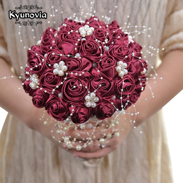 Kyunovia burgundy silk rose flowers stunning pearls beaded bridal bouquet bridesmaid wedding bouquet ramo de novia in stock by