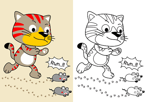 Cat hunting mice vector cartoon illustration coloring page or book stock illustration