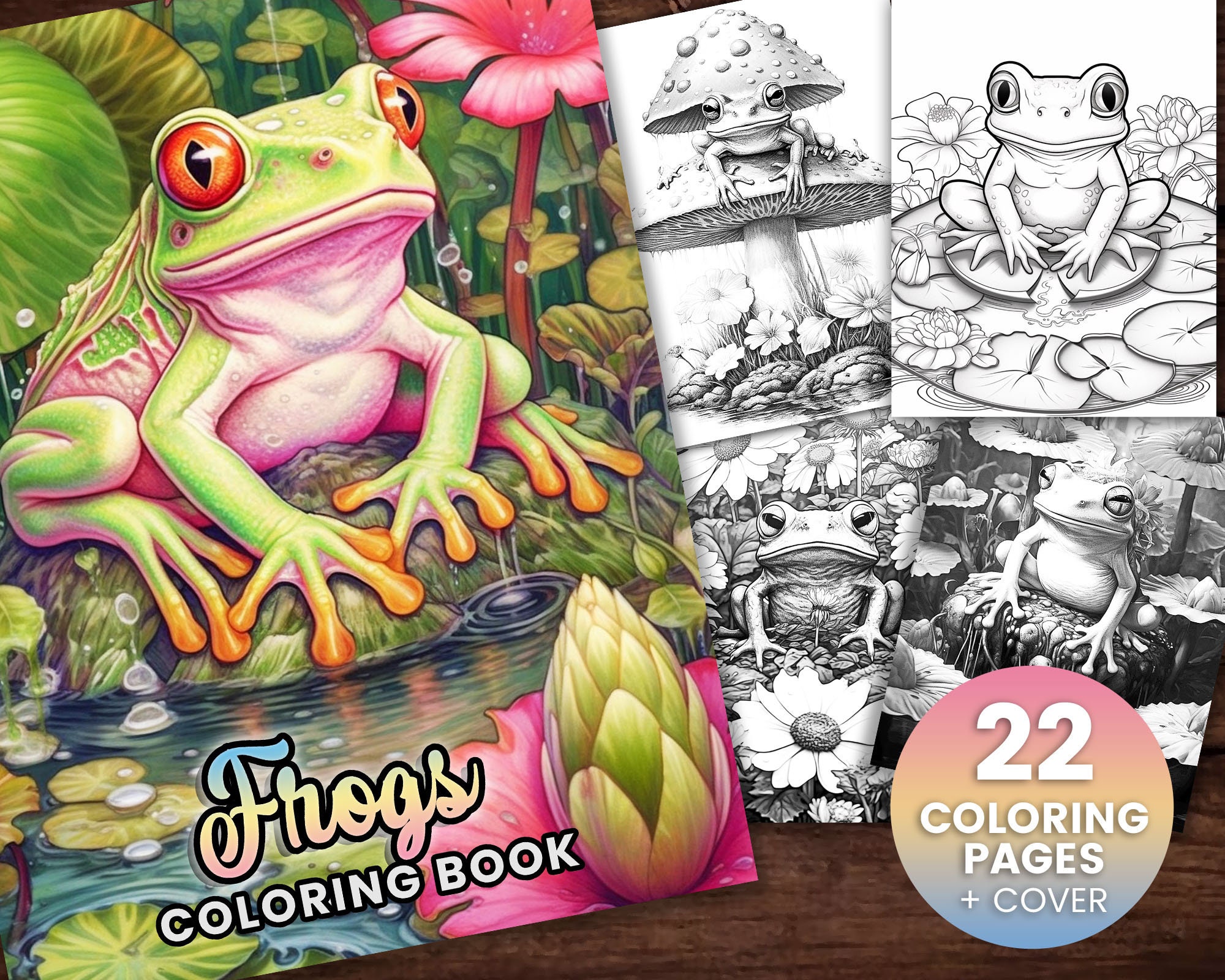 Frogs cute coloring page book adults kids instant download grayscale coloring page printable pdf cute frogs frogs in ponds frog